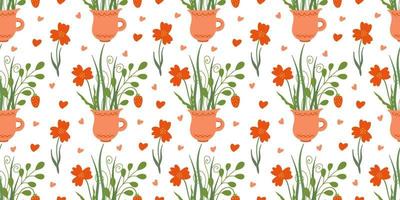 Vector seamless pattern with mugs and red wild flowers on white background. Great for linens, wallpapers, covers.