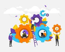 MobileBusiness concept. vector illustrations, people links of one mechanism, business mechanism, abstract background with gears, people are engaged in business promotion, new ideas and strateg. EPS-10