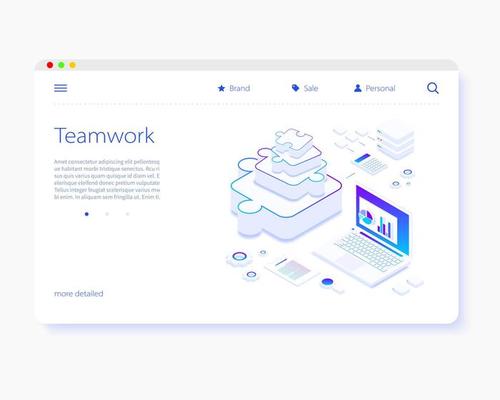 Team, teamwork and partnership.Vector illustration people are working on a business project.The concept of people puzzles, a whole.A person working at a computer in the office engaged in analysis.