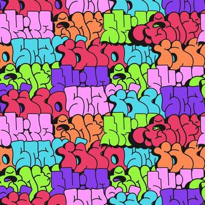 multicolored background, graffiti letters, bright colored inscriptions in the style of graffiti street art. Vector illustration seamless pattern