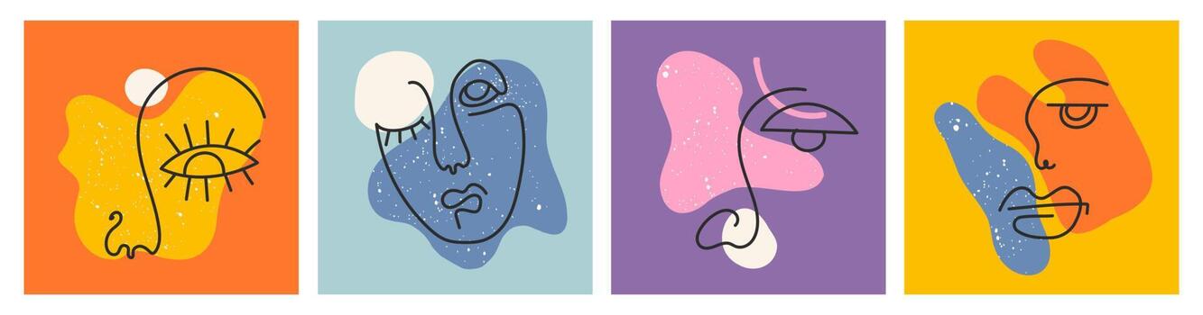 Retro posters in line art style. Big Set of Various Faces, abstract shapes. Ink painting style. Contemporary Hand drawn Vector illustrations. Continuous line, minimalistic elegant concept.