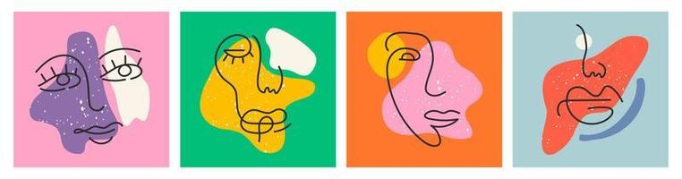 Retro posters in line art style. Big Set of Various Faces, abstract shapes. Ink painting style. Contemporary Hand drawn Vector illustrations. Continuous line, minimalistic elegant concept.