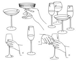 Set of trendy linear style hands holding a glasses with drinks. Hand drawn vector trendy illustration. Minimalistic lineart