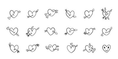 Set of hand drawn hearts with arrows in different positions. vector