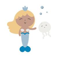 Vector illustration with cute mermaid. Isolated on a white background. Good for birthday cards, invitations, stickers, prints etc.