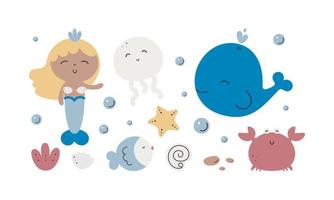 Cartoon sea characters. Cute mermaid, jellyfish, starfish, fish, crab, whale. Good for baby shower invitations, birthday cards, stickers, prints etc. vector