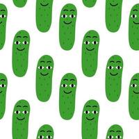 Funny doodle cucumbers with faces seamless pattern on white background. Veggies cute illustration. vector