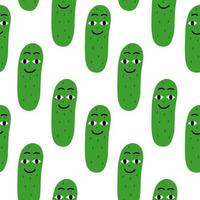 Funny doodle cucumbers with faces seamless pattern on white background. Veggies cute illustration. vector