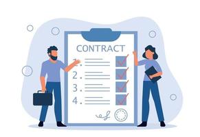 A contractual agreement between an employee and an employer. A man arranges a job and signs a contract. A job or a deal between people. Vector illustration