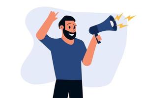 A man holds a megaphone and speaks into it. Business marketing concept illustration with people. Advertising or announcement of news. vector
