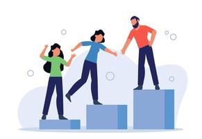 Teamwork in business. People walk and help each other overcome difficulties. Employees extend their hands and help to take a step. Vector illustration