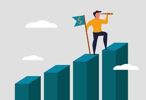 Vision in business, a man with a flag stands on a chart and predicts the financial future. Motivation for success, business goal and confident step of a businessman. Vector illustration