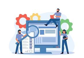 Testing a program or business application. People experts check software and security for bugs. Correction and debugging of errors in the program. Vector illustration concept