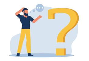 A man thinks and stands near a big question mark. A thoughtful person makes an important decision and seeks the answer to his question. Vector illustration