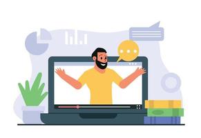 A man on an online webinar via the Internet. Educational lessons, online class and remote learning. A man teaches a class through a laptop. Concept vector illustration