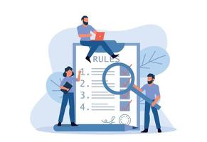 Company rules, laws and restrictions. A man and a woman study the rules together. Concept vector illustration of rules.