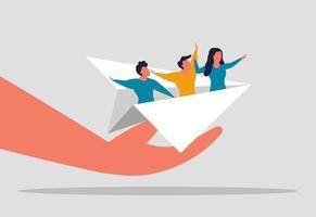 Supporting or mentoring employees in company. A helping hand in difficult times. Project manager or troubleshooting help. Job coaching and concept hand supporting paper airplane. Vector illustration