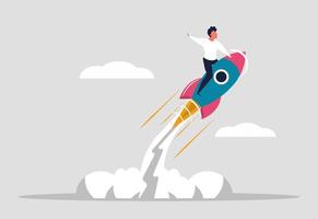 Financial rise or business rise up. A man is flying up on a rocket. Ambition as the growth of success in the company, leadership and innovation. Vector illustration