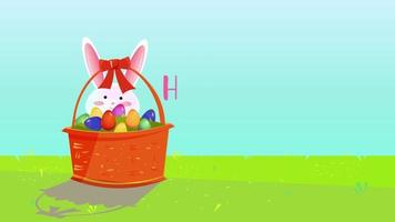 Happy Easter greeting video. Basket with easter eggs,grass and white bunny on a blue and green screen background. Animated lettering. Chroma key. 4K motion graphic animation. video