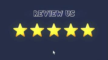Five stars rating animation with review us text. Positive review 4K video. Product quality evaluation. Feedback from customer. Glaring effect. video
