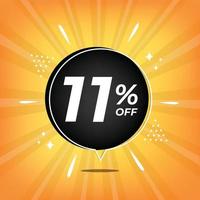 11 percent off. Yellow banner with eleven percent discount on a black balloon for mega big sales. vector