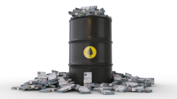 Stacks of Saudi Arabian riyal notes inside black Oil Barrel isolated on transparent background. 3d rendering png