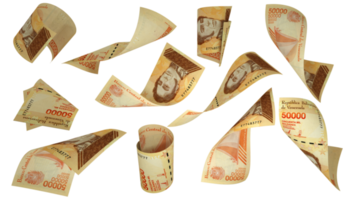 3D rendering of set of Venezuelan bolivar notes flying in different angles and orientations isolated on transparent background png