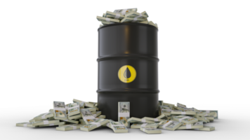 Stacks of US dollar notes inside black Oil Barrel isolated on transparent background. 3d rendering png