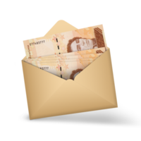 Venezuelan bolivar notes inside an open brown envelope. 3D illustration of money in an open envelope png