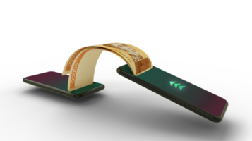 3d representación de venezolano bolívar notas transferir desde uno teléfono a otro. móvil dinero transacción concepto. dinero viniendo fuera de móvil teléfono png