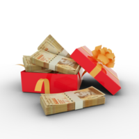 Stack of Venezuelan bolivar notes inside an open red gift box. Bundles of Venezuelan bolivar inside a gift box. 3d rendering of money inside box isolated on transparent background png