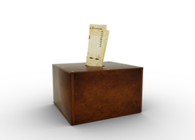 Venezuelan bolivar notes inside wooden savings box. Generic savings Bank, Penny Bank, Money Box. 3d rendering png