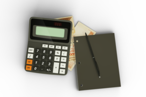 3D rendering of a composition of Venezuelan bolivar notes, a calculator, a note book and a pen isolated on transparent background. Tax background design concept png