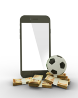 3D rendering of a mobile phone with soccer ball and stacks of Venezuelan bolivar notes isolated on transparent background. png