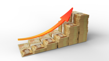 financier croissance signe fabriqué de piles de vénézuélien bolivar Remarques. 3d le rendu de vénézuélien argent arrangé dans le forme de une bar graphique isolé sur transparent Contexte png