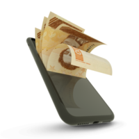 3D rendering of Venezuelan bolivar notes inside a mobile phone. money coming out of mobile phone png