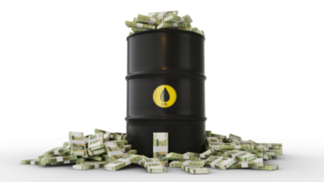 Stacks of Iranian Rial notes inside black Oil Barrel isolated on transparent background. 3d rendering png