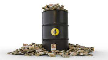 Stacks of Canadian dollar notes inside black Oil Barrel isolated on transparent background. 3d rendering png