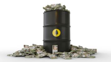 Stacks of United Arab Emirates dirham notes inside black Oil Barrel isolated on transparent background. 3d rendering png