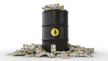 Stacks of Iraqi Dinar notes inside black Oil Barrel isolated on transparent background. 3d rendering png