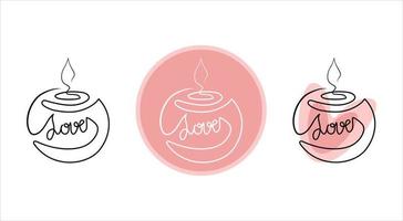 Set of minimalistic continuous line burning aroma and spa candle with LOVE label for the logo in various designs. Candle in one line style. vector