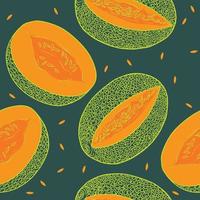 Pattern with textured caribbean melons and seeds on green background Cantaloupe melon vector