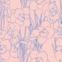 Pattern with double line daffodils. Linear vintage floral print on pink background. vector