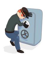 Cartoon thief breaks into a safe. vector
