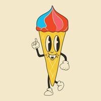 Cute Cartoon Ice cream character. Happy and cheerful emotions. Old animation 60s 70s, funny cartoon characters. Trendy illustration in retro style. vector