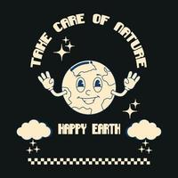 Poster, banner, postcard, print in vintage style in black and beige with a happy planet earth character. Vector groovy.