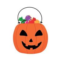 Bucket in the shape of a pumpkin with sweets. Vector illustration