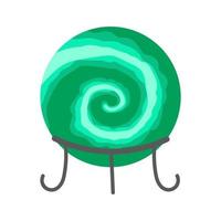 Magic crystal isolated on white background. A glass ball for divination with a green spiral on a metal stand, an accessory for a modern witch. vector