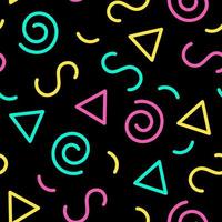 Seamless pattern of squiggles on a black background. Random fun colored squiggles in the style of the 90s. vector