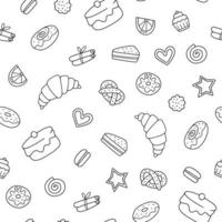 Hand-drawn croissants, donuts, pastries, and cakes. Seamless pattern. Simple vector illustration on white background.